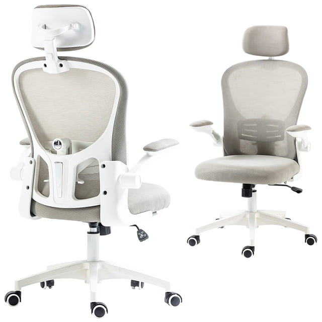 Vinsetto Mesh Office Chair with Headrest, 4D Lumbar Support, and Flip-up Arm in grey. Features a breathable mesh backrest, adjustable seat height, and a headrest that moves up, down, and rotates. Includes 4D lumbar support for lower back relief, flip-up armrests for space-saving, and PU castors suitable for various floor types. Dimensions: 24.4 inches wide, 25.2 inches deep, and 44.1-47.2 inches high. Weight capacity: 264 lbs.