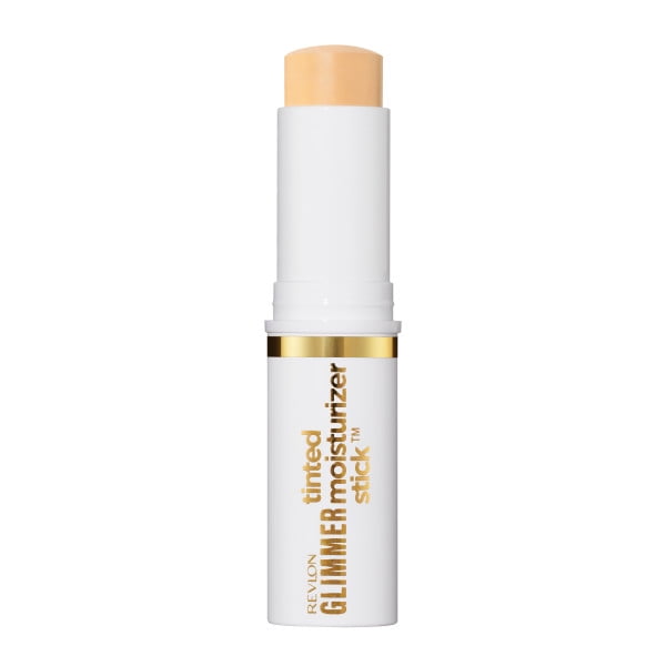 Revlon Glimmer Tinted Facial Moisturizer Stick, shade 110, 0.31 oz, white tube with gold lettering, lightweight foundation stick providing buildable coverage, hydration, and a radiant finish for smooth, glowing skin.