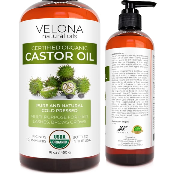 Velona USDA Certified Organic Castor Oil - 16 oz (With Pump) | For Hair, Boost Eyelashes, Eyebrows | Cold pressed, Natural Oil, USP Grade | Hexane Free, Lash Serum, Caster