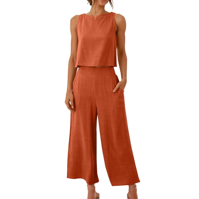 Mgmyaa Womens Summer 2 Piece Outfits Linen Crop Tank Tops Lounge Matching Sets & Long Track Pants Tracksuits