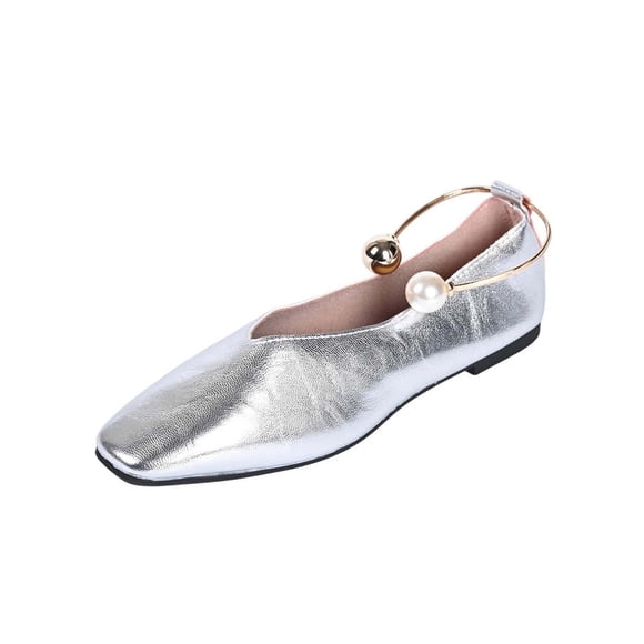 Xfvqtps Womens Metallic Glitter Flats Slip on Shoes Pearl Ankle Buckle Loafers for Women Shiny Party Shoes Comfortable Evening Shoes Dressy Casual Shoes Silver