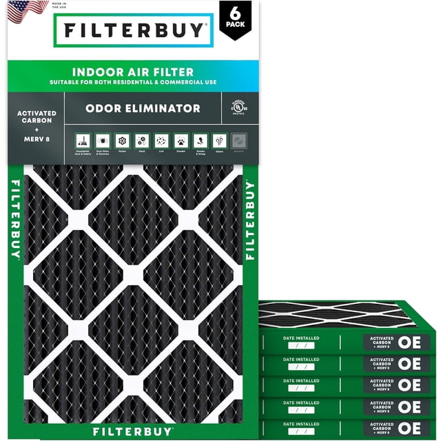 Filterbuy 10x20x1 MERV 8 (MPR 600) Odor Eliminator, Pleated HVAC AC Furnace Air Filters (6-Pack)