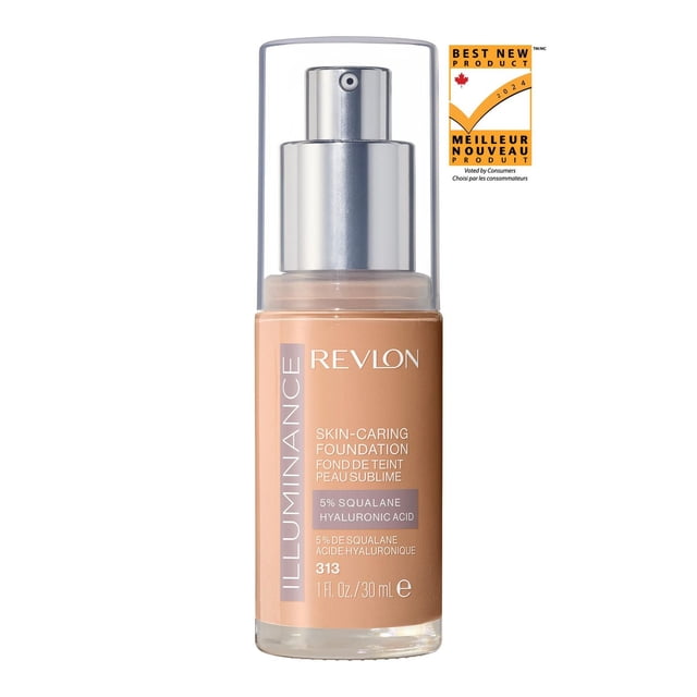 Revlon Illuminance Skin-Caring Liquid Foundation Makeup, medium coverage, 30mL pump bottle in shade 313, containing 5% squalane and hyaluronic acid to hydrate and enhance skin radiance, awarded Best New Product 2024 in Canada.