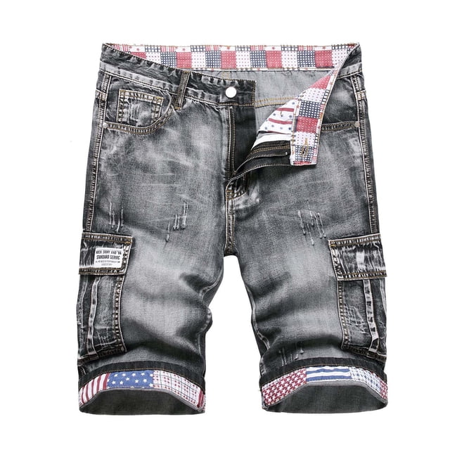 Mens Casual Shorts Zipper Elastic Slim Denim Mid-Length, Ripped Play Wrap Pants for Outdoor & Daily