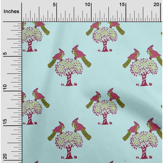 oneOone Cotton Cambric Fabric Bird & Tree Block Printed Craft Fabric BTY 56 Inch Wide