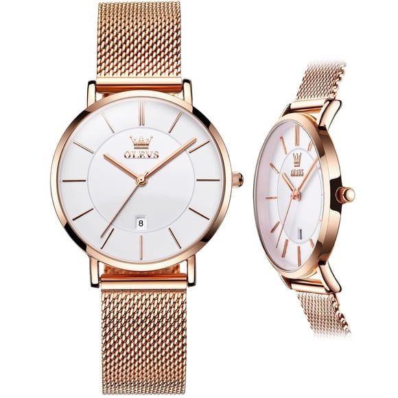 OLEVS Watches for Women Large Face Rose Gold Dress Ladies Watch with Date Slim Simple Easy to Read Womens Watches for Small Wrists Waterproof Business Casual Women's Watches White Reloj para Mujer
