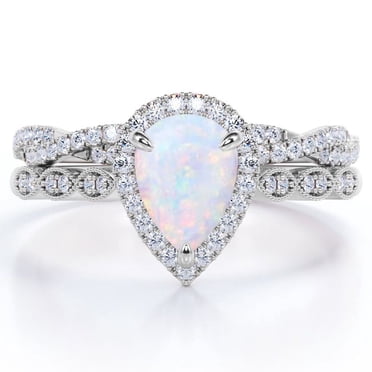 JeenMata 1.5 Carat Pear Cut Lab Created Opal and Moissanite Vintage Engagement Ring - Halo Pave Bridal Set in 18K White Gold Over Silver