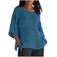 thumbnail image 2 of CHOK 3/4 Sleeve Linen Shirts for Women Loose Fit Round Neck Tops Solid Color Summer Casual Tees Black M, 2 of 6