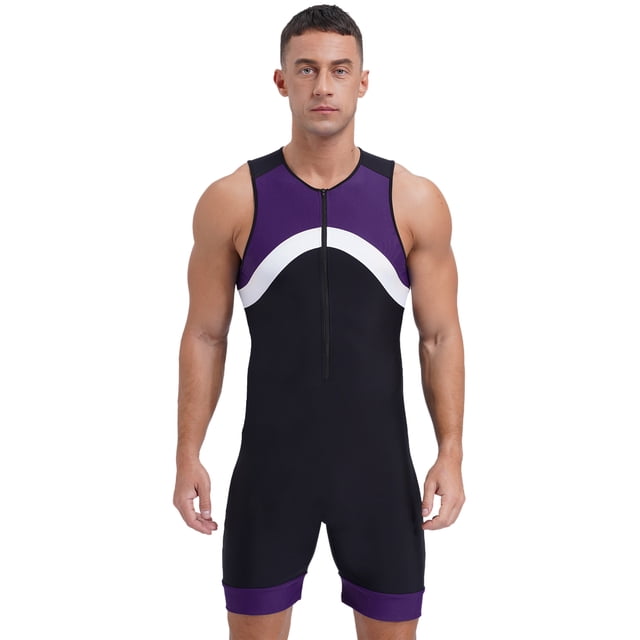 Sxiwei Men's Sun Protection Jumpsuit Sleeveless Rash Guard Zipper Bodysuit Swimwear Surfing Bathing Purple M