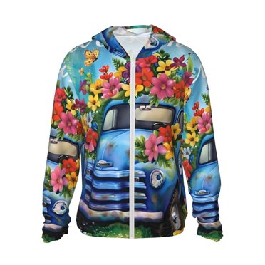 Vsdgher Floral Truck Welcome Print Adult Hoodie Shirts Rash Guard for Men Women,Long Sleeve Sun Protection Fishing Shirts for Athletic Running Swim-X-Large