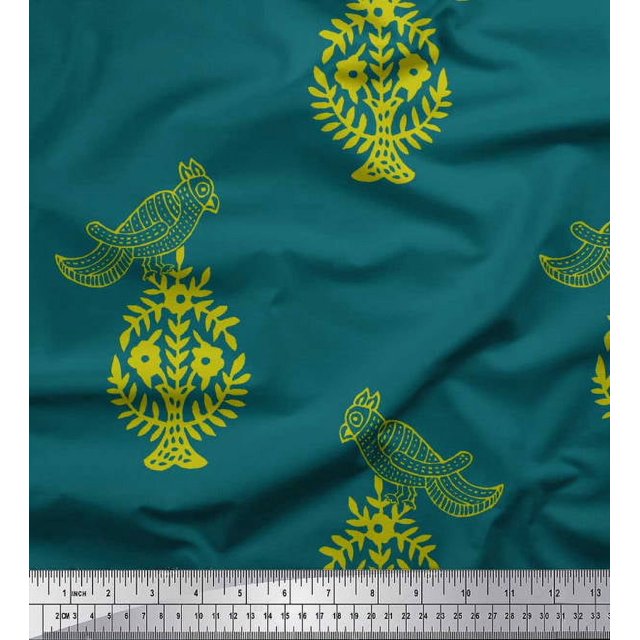 Soimoi Polyester Crepe Fabric Leaves,Bird & Floral Block Print Sewing Fabric Yard 42 Inch Wide
