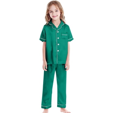 Kcodviy Unisex Satin Pajamas Set Crop Top Hoodie Pants Set Boys Girls Silk Pj's Baby Wrap and Headband Set Short Sleeve 2 Piece Sleepwear Long Pants Button Down Kids Nightwear
