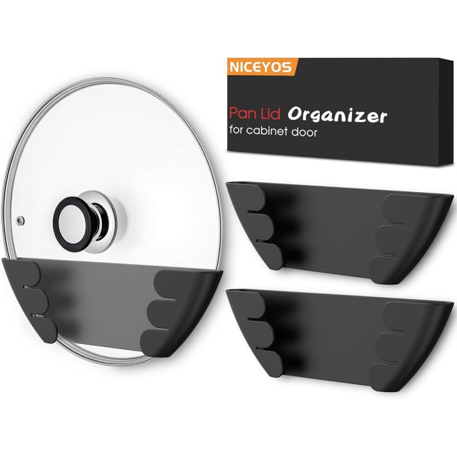HSHDLDF Universal Pot Lid Organizer for Cabinet, a 3-pack of upgraded patented pan lid organizers in black. Designed to fit lids from 6 to 13 inches, these BPA-free plastic holders feature a modern design and strong 3M VHB adhesive for secure wall or cabinet door mounting. Ideal for keeping pot lids upright and accessible, reducing kitchen clutter.