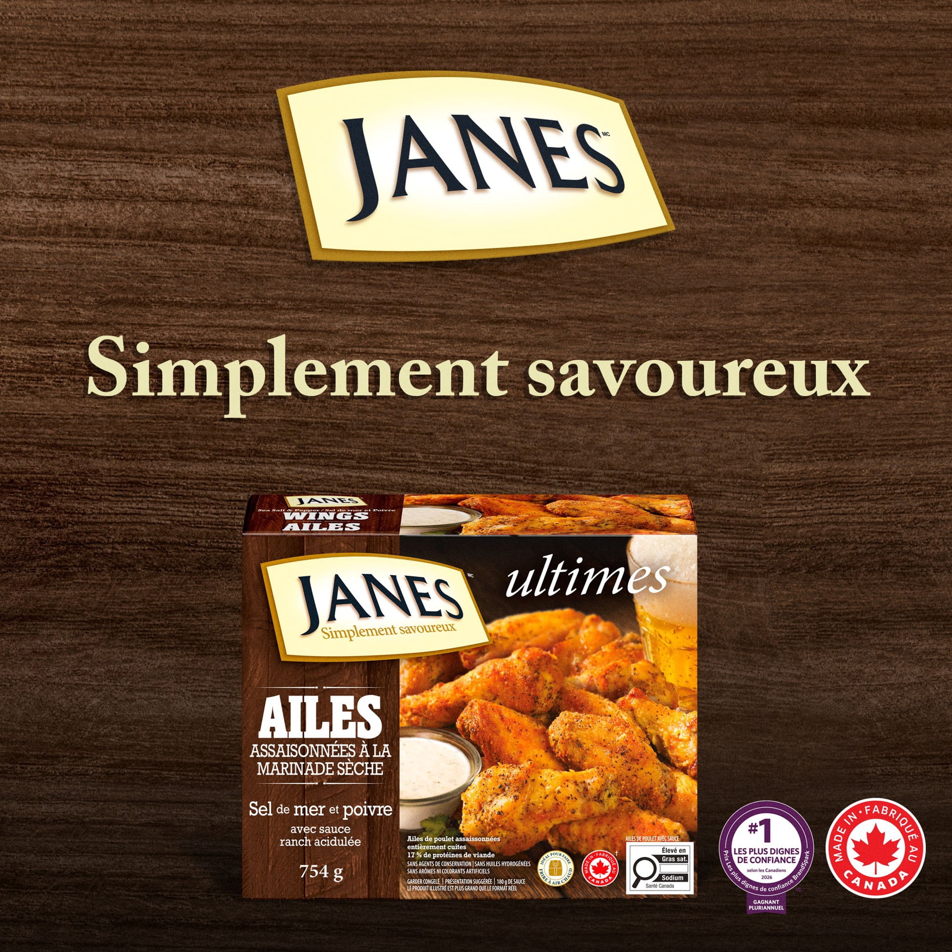 Ailes de poulet ultimes Janes® assaisonnées à la marinade sèche sel de mer et poivre, 754 g, ailes de poulet congelées. Contient : Viande blanche. Janes® Ultimates Ailes de poulet assaisonnées à sec au sel de mer et au poivre
