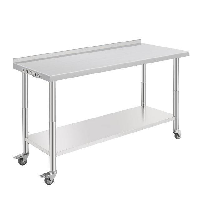Table de Préparation Commerciale en Acier Inoxydable NSF - 60x24x35 Pouces - Tablette Inférieure Réglable, avec Roulettes, Pare-Chocs Arrière, Antirouille, pour Service Alimentaire, Traiteur, Boulangerie et Maison