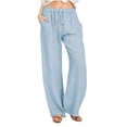 thumbnail image 1 of DPTALR Women Casual Solid Cotton Linen Drawstring Elastic Waist Long Wide Leg Pants, 1 of 7