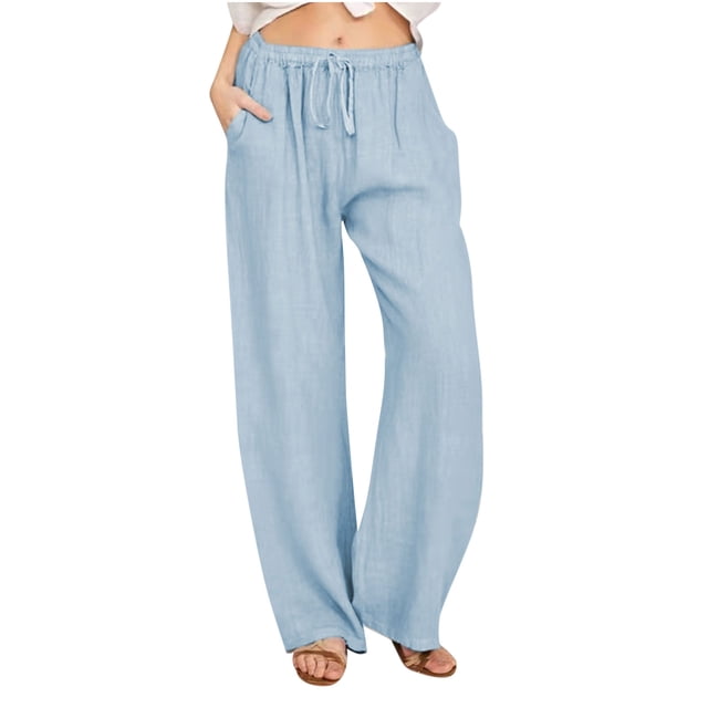 DPTALR Women Casual Solid Cotton Linen Drawstring Elastic Waist Long Wide Leg Pants