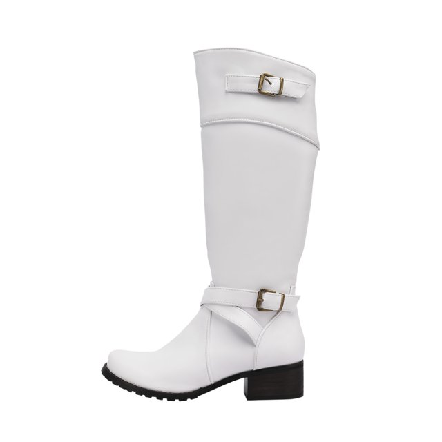 Womens Winter Boots With Belt Buckle Round Toe Low Heel Side Zipper Warm High Boots