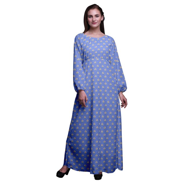 Bimba Robe Maxi à Manches Longues pour Femmes en Georgette Mousse à Imprimé Floral Rose, Taille Élastique - Très Petit