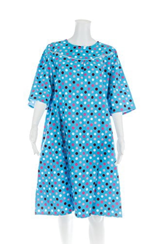 Women's Adaptive Flannel Backwrap Gown (Large, Colorful Polka Dots with Blue Background - 05)
