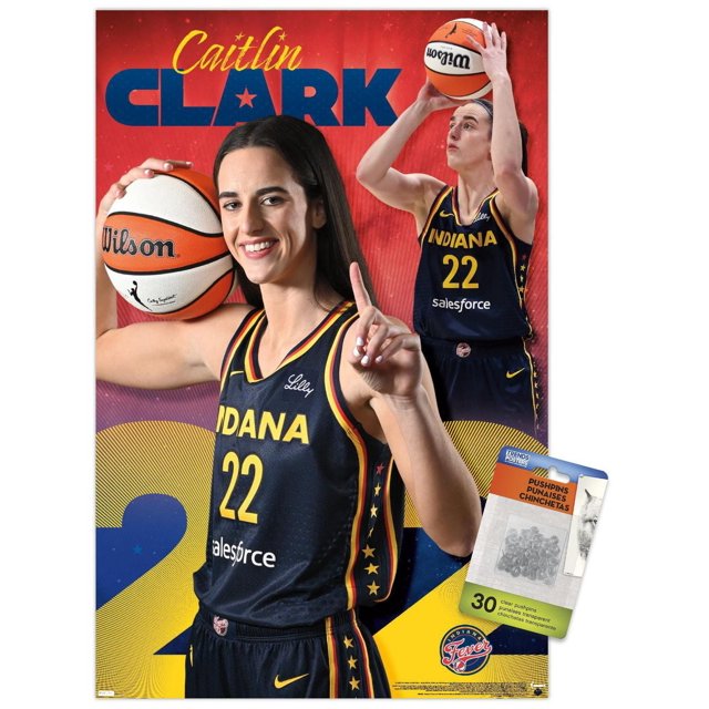 WNBA Indian Fever - Caitlin Clark Affiche Murale 24 Présentant Deux images d'Un Joueur de basketball Portant un Chandail Indian Fever Bleu Marine Numéro 22 avec Bordure Jaune, Tenant un Ballon de basketball Wilson et Faisant un Geste Numéro un, sur Fond Rouge et Bleu avec Texte « Caitlin Clark », Comprend 30 Punaises Transparentes pour un Accrochage Facile.