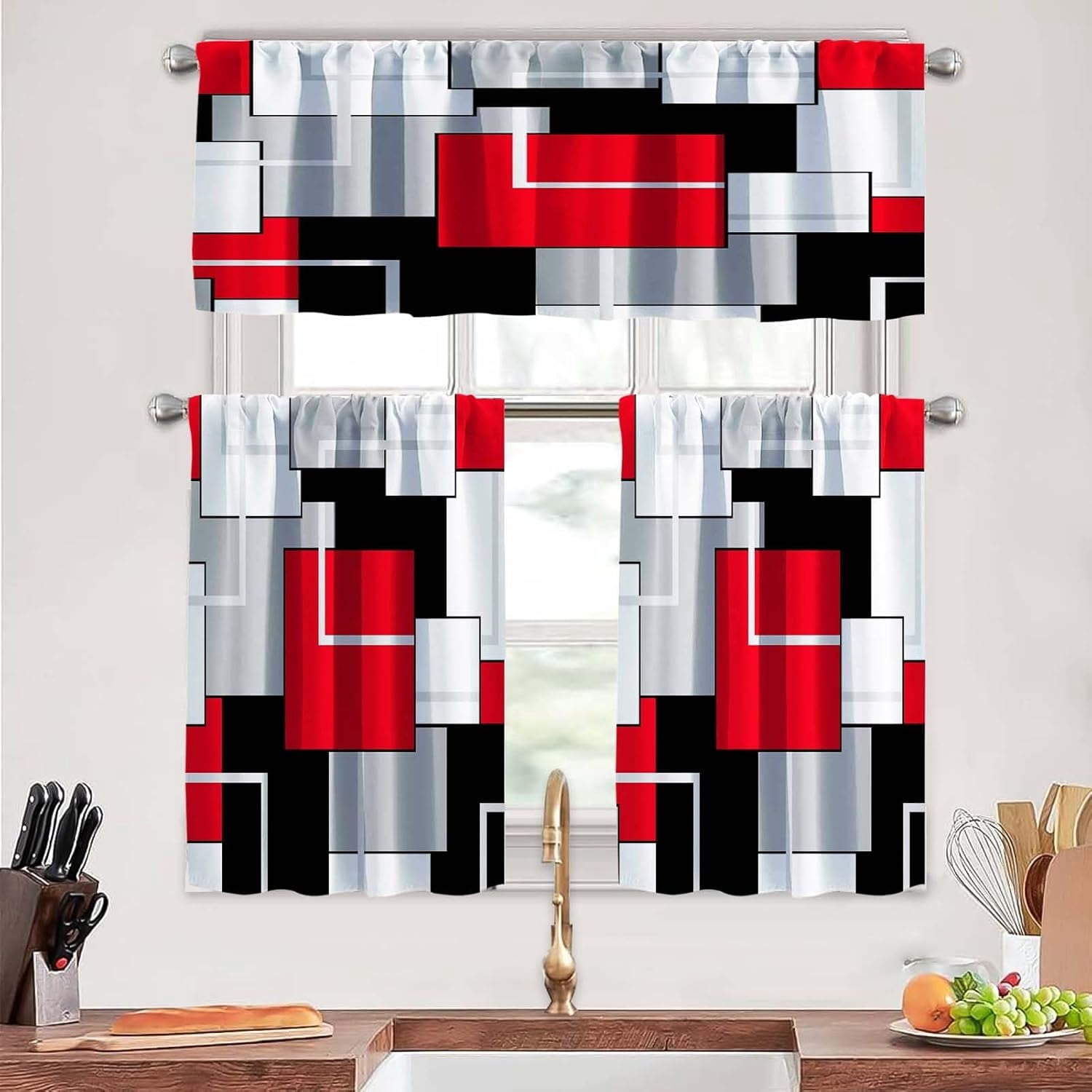 Red Kitchen Curtains Tiers and Valances Set 3 Piece for Windows Geometric Modern Art Kitchen Window Curtains Set,Grey and Black Valances for Living Room(36" Tiers Set)