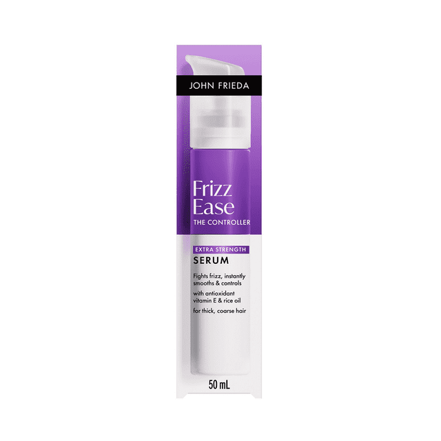 John Frieda Frizz Ease Extra Strength Serum en Bouteille à Pompe Blanche et Violette de 50 ml, Formulé pour des Cheveux Épais et Gros pour Combattre les Frisottis, Lisser et Contrôler les Cheveux avec Antioxydant, Vitamine E et Huile de Riz, Idéal pour des Traitements Capillaires Avancés et la Résistance à l'Humidité.