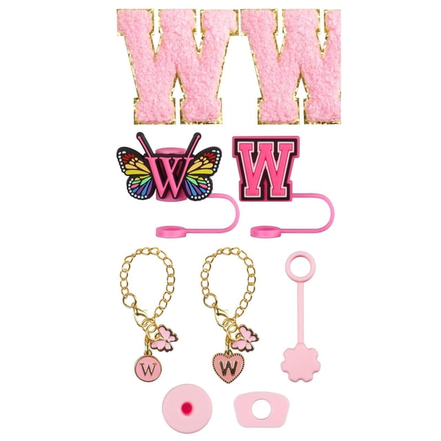 Glass&Bottle Accessory Set for Drinkware – Embroidery Patch Straw Covers Charm Necklace Chain & Leak Guard Complete Decorative Upgrade Kit