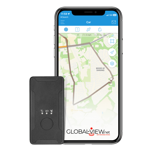 Global-View.Net Tiny Magnetic GPS Tracker System with up to 1 Month Battery Life - The Amp 2 centered front-facing view of a compact matte-black rectangular tracker with rounded corners, USB charging port and single status LED, underside showing magnetic attachment area and subtle molded Global Views branding on casing. Notes IoT connectivity using CAT M1 and 4G LTE for broad cellular access and battery life up to 31 days in power-saving mode; suitable for asset management, vehicle and shipment tracking, and often used as a portable locator for short trips.