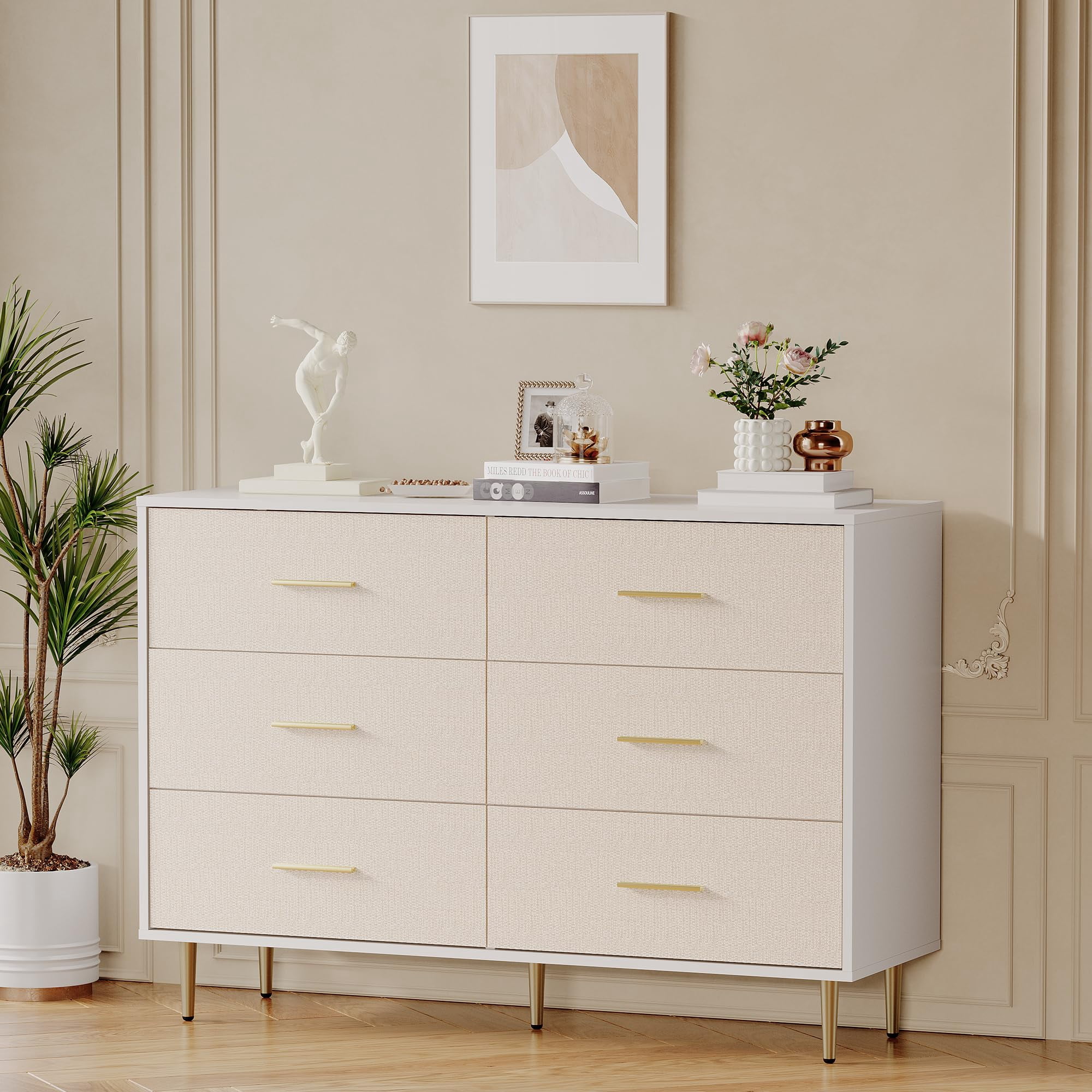 BeesClover 6 Drawer Dresser, Modern White Chest of Drawers with Gold Metal Legs and Handles, Large Wooden Dresser with Drawers, Storage Cabinet for Bedroom, Living Room, Entryway