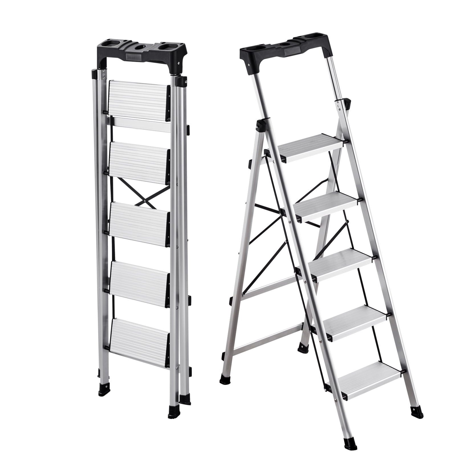 VEVOR Échelle à 5 marches, escabeau pliant avec large marche anti-dérapante et poignée confortable, capacité de 330 lbs, échelle en aluminium portable, multi-usages pour cuisine, entrepôt, maison et bureau, argent