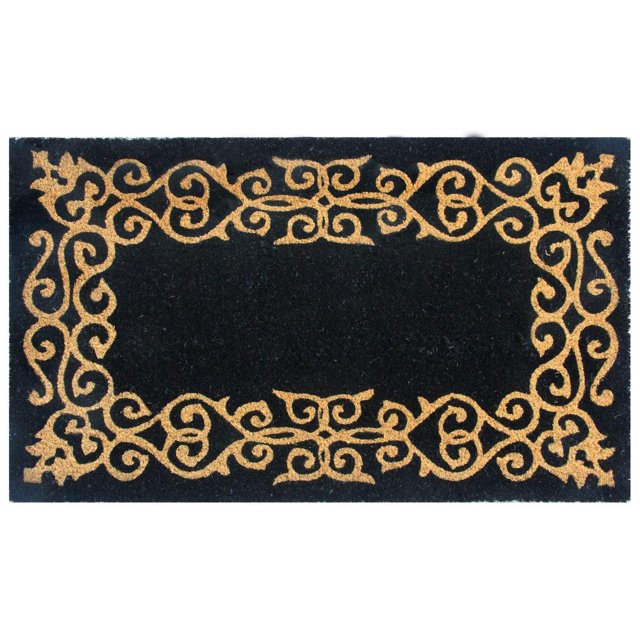 Home Décor Inc. Fancy Scroll Coir Doormat – 18" x 30", rectangular black coir doormat with a natural tan scroll pattern border made from durable coconut fiber, featuring anti-skid PVC backing for indoor entryways and hallways, also suitable as a decorative floor mat.