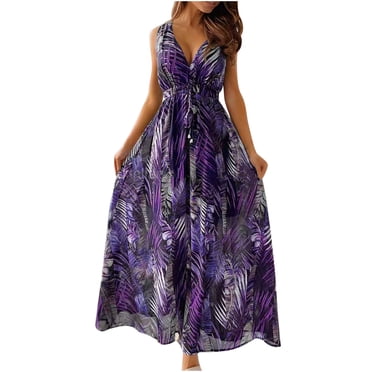 Pisexur Robes d'Été pour Femmes à Imprimé Floral Hawaïen, Robes Bohèmes, Mode, Col en V, Sans Manches, Dos Nu, Robe Soleil, Taille Ajustable, Tunique, Robes Maxi pour Femmes, Vintage, Fluide, Décontractée, Robe de Plage