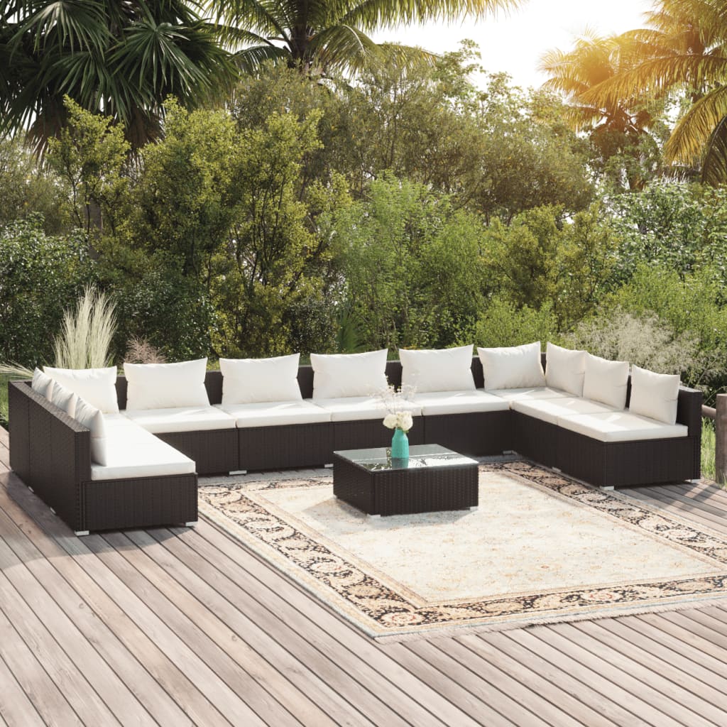 vidaXL 11 Piece Garden Lounge Set with Cushions Poly Rattan Black