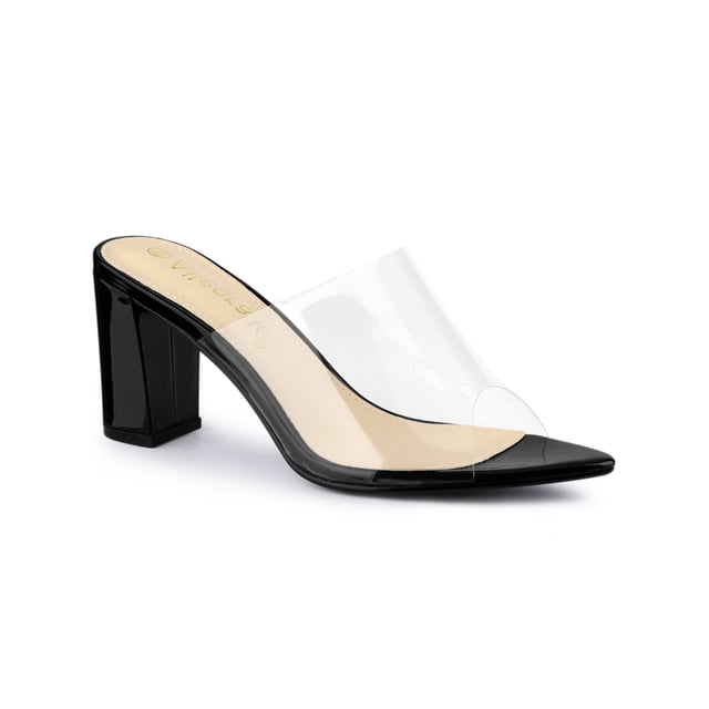 BLISSFUL STEP Women's Clear Point Toe High Block Heel Mules Slides Sandals Black 6.5