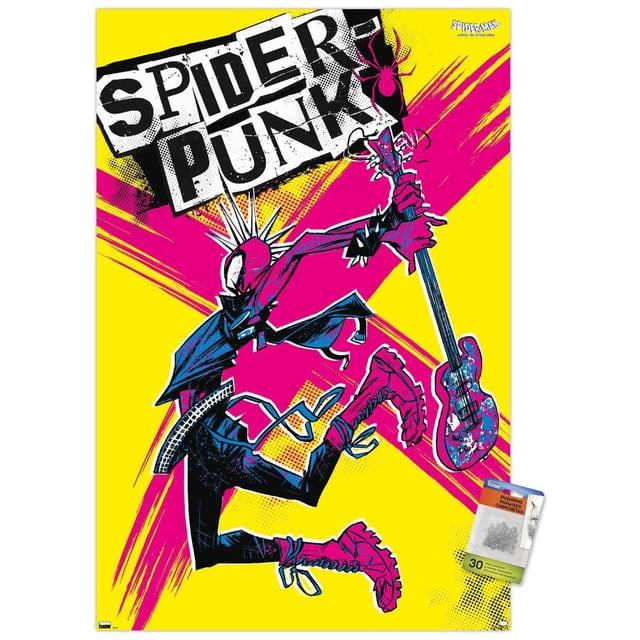 Marvel Spider-Man : à Travers le Spider-Verse - Affiche Murale Spider-Punk, 22,375 Pouces x 34 Pouces, Représentant Spider-Punk à Mi-Hauteur Tenant une Guitare Électrique Rose. Il Porte un mohawk à Pointes, une Veste Noire avec des Pointes, une Ceinture Cloutée et des Bottes de combat Rouges sur un Fond Jaune avec des Stries Roses et un logo spider Noir. Convient à des Oeuvres Murales Vibrantes et à la Déco Intérieure.