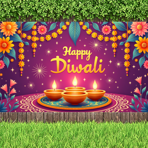 Floral Design Diwali Celebration Banner Festive Lights Happy Diwali Decorative Backdrop for Religious Festival Indoor Decoration Cultural Event