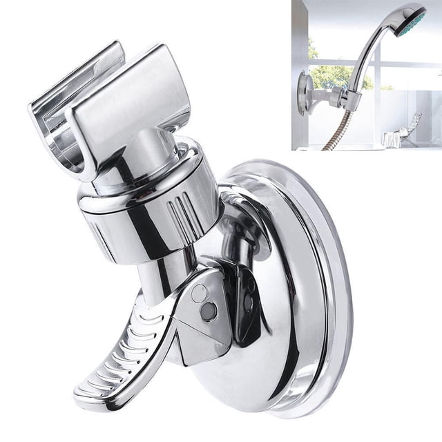 Agiferg Shower Head Handset Holder Chrome Bathroom Wall Mount Adjustable Suction Bracket. A silver ABS plastic holder with a polished triple chrome coating, featuring a strong suction base with a 70mm diameter and a 110mm projection from the wall. Fully adjustable and lightweight, it supports up to 5kg and requires no drilling for installation. Shown mounted in a bathroom setting holding a shower head.