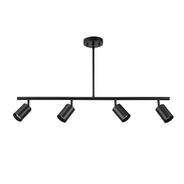 Globe Electric 4-Light Matte Black Adjustable Height Track Lighting with four pivoting cylindrical heads on a horizontal bar suspended from a round ceiling mount, adjustable to 7.5, 15, or 20 inches height, suitable for versatile lighting in kitchens, living rooms, or bedrooms, compatible with dimmer and smart switches.