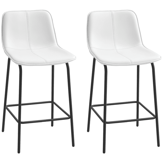 HOMCOM Bar Tabourets, Ensemble de 2, avec Revêtement en Tissu Microfibre Blanc Crème, Fini Semblable au Cuir et Pieds en Acier Noir. Ces Chaises de Bar Modernes Incluent un Repose-Pieds Inférieur pour un Confort Accru et Conviennent aux Comptoirs de 35 à 39 Pouces de Hauteur. Chaque Tabouret Mesure 19,1 Pouces de Largeur, 21,1 Pouces de Profondeur et 37,8 Pouces de Hauteur, avec une Capacité de Charge de 264 Livres. Coussins Antidérapants Ajustables Protégent les Planchers et Assurent la Stabilité.