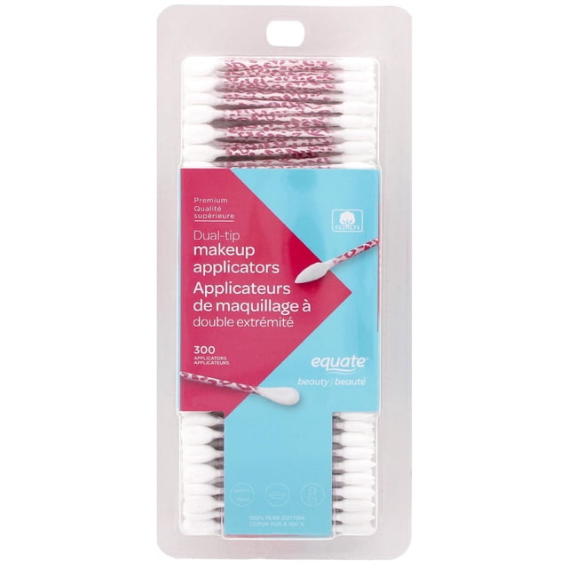 Equate Beauty Premium Dual-Tip Makeup Applicators with 300 cotton swabs featuring white dual cotton tips on pink patterned flexible wands in clear packaging, ideal for precise makeup touch-ups, smudging, and cosmetic cotton swab use.