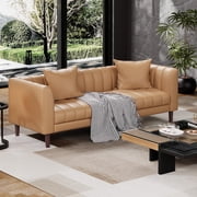 Eastvita Faux Leather 3-Seater Modern Sofa with Deep Seats/2 Throw Pillows/Wood Legs/Easy Assembly for Living Room or Bedroom (Brown)