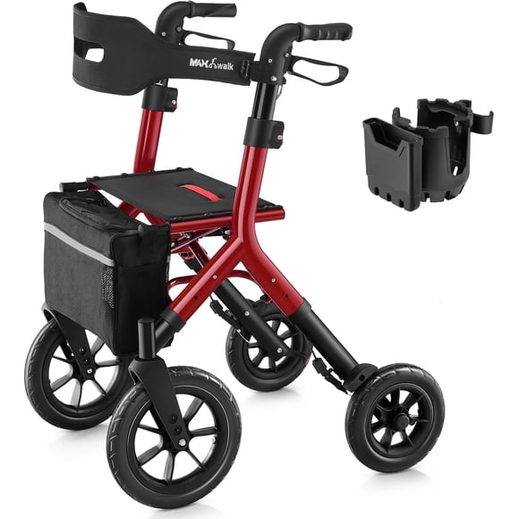 Rollator Walker with Seat, Tall Walkers for Seniors, 12" Big Rubber Wheels All Terrain Rollator Walker with Backrest, Built-in Cable, Foldable and Dual Adjustable Height for 5.3-7ft, Red