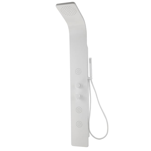 BRION-WHT white finished shower panel with curved design, overhead rainfall showerhead, four circular body jets, two control knobs, and handheld shower wand with hose, suitable for bathroom renovation and easy installation.