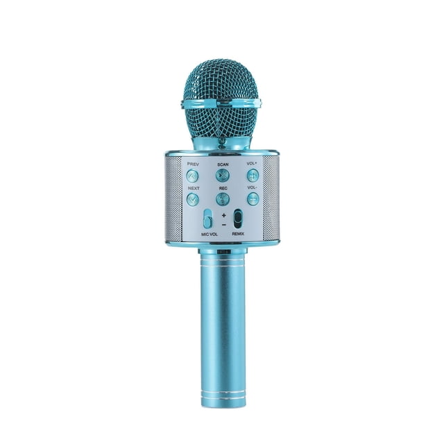 SPARK KARAOKE MICROPHONE in metallic blue with a mesh grille head and a rectangular control panel featuring buttons for previous, next, scan, record, volume up, volume down, mic volume slider, and remix switch, designed for karaoke with Bluetooth connectivity and built-in speaker, suitable for home entertainment and parties.