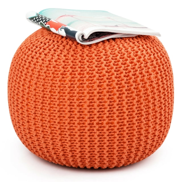 Gymax Pure Cotton Pouf Floor Ottoman Hand Knitted Footrest Cable Style Home Orange