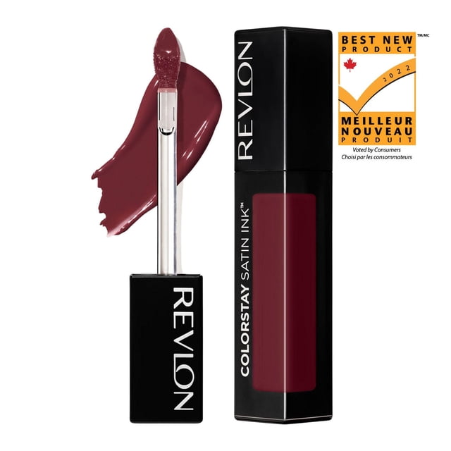 Revlon ColorStay Satin Ink Liquid Lipstick in deep berry shade with a black rectangular tube featuring a transparent window showing the lipstick color, a soft precision applicator wand with liquid lipstick on the tip, and a Canadian Best New Product 2022 award badge, suitable for long-lasting satin-finish lip color.