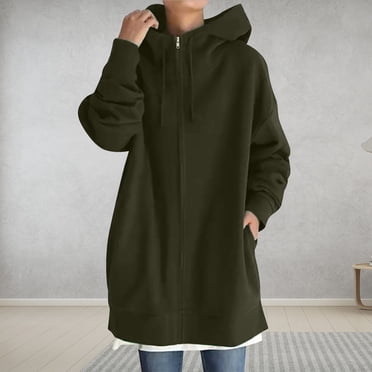 HWRETIE Women's Zip Up Hoodie Long Sleeve Sweatshirt Coat Solid Color Hooded Jacket With Pockets Casual Lightweight Outerwear For Daily Wear