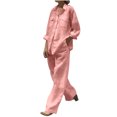 thumbnail image 1 of Timegard Cotton Linen Outfits for Women Button up Long Sleeve Collared Plus Size Tops with Pockets Wide Leg Pants Sets, 1 of 6