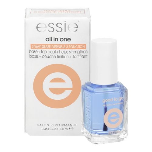 Essie Première Couche de Base pour Ongles, 13,5 ml, Montrant une Bouteille en Verre Transparent avec Traitement pour Ongles Bleu Pâle et Bouchon Blanc à Côté de Son Emballage en Boîte Blanche avec le logo Essie et un Texte Décrivant Sa Formule de Glaçage 3 Voies Qui Lisse, Protège et Renforce les Ongles comme Couche de Base et de Finition pour des Soins des Ongles de Qualité Salon.